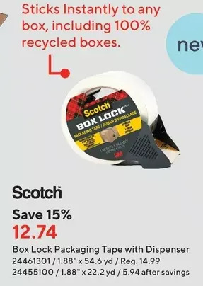 Staples Scotch box lock packaging tape with dispenser offer