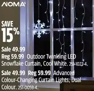 Canadian Tire Noma outdoor twinkling led snowflake curtain, cool white | advanced colour-changing curtain lights, dual colour offer