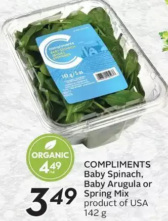 Sobeys Compliments baby spinach, baby arugula or spring mix offer