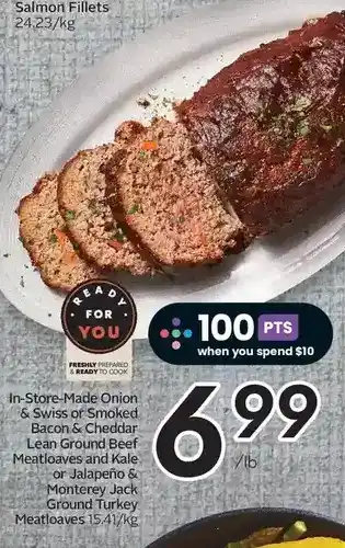 Sobeys In-stored made onion & swiss or smoked bacon & cheddar lean ground beef meatloaves and kale or jalapeno & monterey jack groun offer