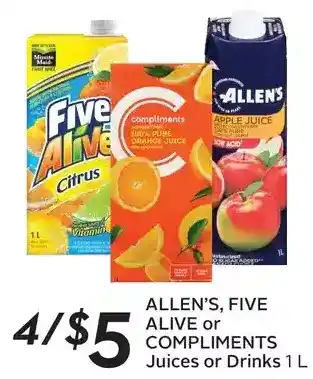Sobeys Allen's, five alive or compliments juices or drinks offer