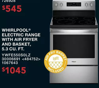 RONA Whirlpool electric range with air fryer and basket, 5.3 cu. ft. offer