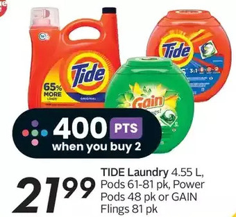 Sobeys Tide laundry, pods, power pods or gain flings offer
