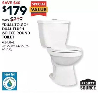 Lowe's Project source "dual-to-go" dual flush 2-piece round toilet offer