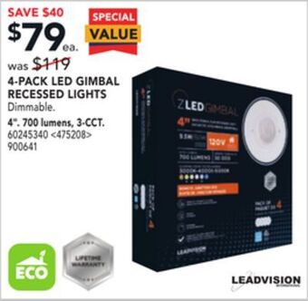Lowe's Leadvision 4-pack led gimbal recessed lights 4" offer