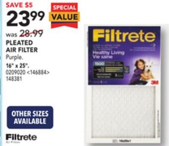 Lowe's 3m pleated air filter 16" x 25" offer