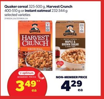 Real Canadian Superstore Quaker cereal, 325-500 g, harvest crunch, 400-510 g or instant oatmeal, 232-344 g offer