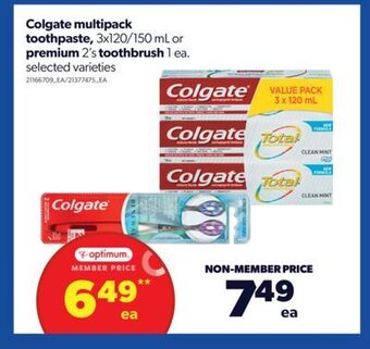 Real Canadian Superstore Colgate multipack toothpaste, 3x120/150 ml or premium, 2's toothbrush, 1 ea. offer