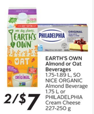 Sobeys Earth's own almond or oat beverages offer