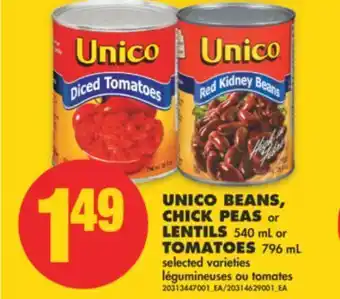 No Frills Unico beans, chick peas or lentils 540 ml or tomatoes offer