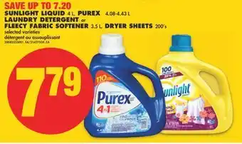 No Frills Sunlight liquid 4 l, purex 4.08-4.43 l laundry detergent or fleecy fabric softener 3.5 l, dryer sheets 200's offer