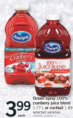 Fortinos Ocean spray 100% cranberry juice blend, 1.77 l or cocktail, 1.89 l offer
