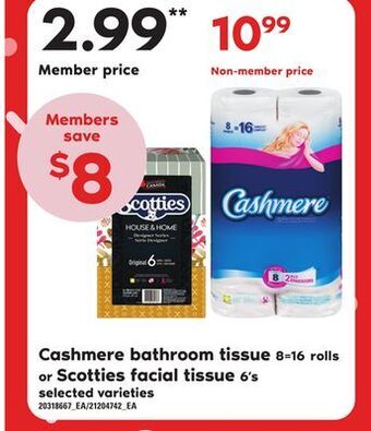 Loblaws Cashmere bathroom tissue, 8=16 rolls or scotties facial tissue, 6's offer