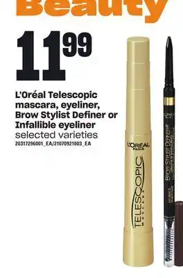 Loblaws L'oréal telescopic mascara, eyeliner, brow stylist definer or infallible eyeliner offer