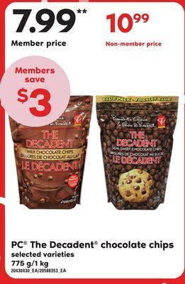 Loblaws Pc® the decadent® chocolate chips, 775 g/1 kg offer