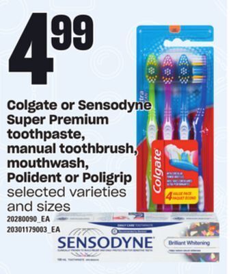 Loblaws Colgate or sensodyne super premium toothpaste, manual toothbrush, mouthwash, polident or poligrip offer