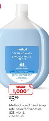 Loblaws Method liquid hand soap refill, 828 ml/1l offer