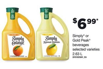 Loblaws Simply® or gold peak® beverages, 2.63 l offer