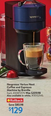 Walmart Nespresso vertuo next coffee and espresso machine by breville offer