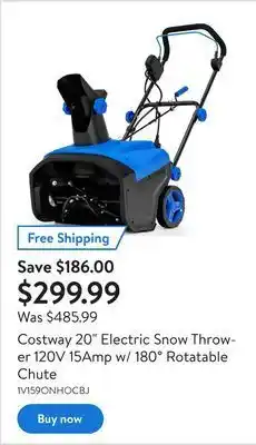 Walmart Costway 20" electric snow thrower 120v 15amp w/ 180° rotatable chute offer