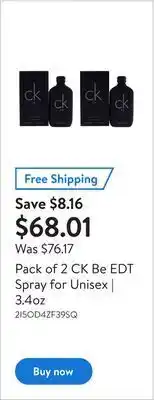 Walmart Pack of 2 ck be edt spray for unisex | 3.4oz offer