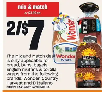 Zehrs Markets Wonder, country harvest and d'italiano bread, buns, bagels, english muffins & tortilla offer