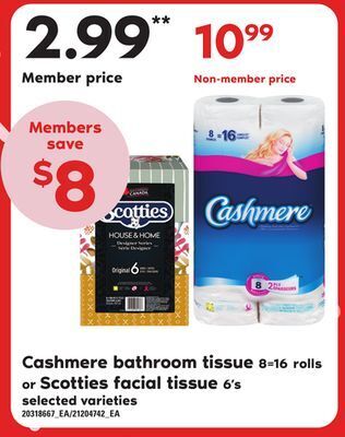 Zehrs Markets Cashmere bathroom tissue, 8=16 rolls or scotties facial tissue, 6's offer