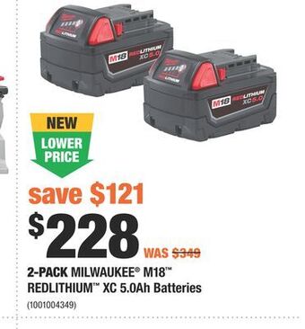 Home Depot 2-pack milwaukee® m18™ redlithium™ xc 5.0ah batteries offer