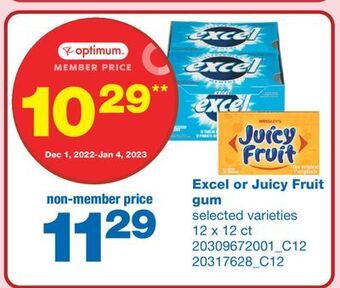 Wholesale Club Excel or juicy fruit gum, 12 x 12 ct offer