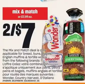 Valu-mart Wonder, country harvest, d'italiano bread, buns, bagels, english muffins & tortilla wraps offer