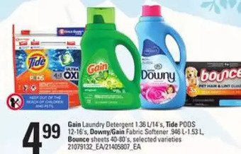 Loblaws Gain laundry detergent, tide pods, downy/gain fabric softener, bounce sheets offer