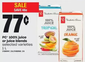 Loblaws Pc 100% juice or juice blends offer