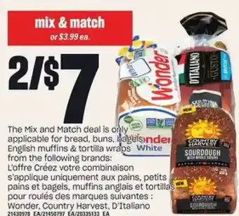 Independent Grocer Wonder, country harvest, d'italiano bread, buns, bagels, english muffins & tortilla wraps offer