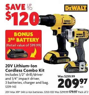 Home Hardware 20v lithium-ion cordless combo kit + bonus 3rd battery | 20v max xr 5ah li-ion batteries offer
