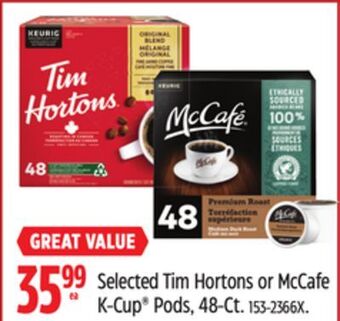 Canadian Tire Keurig selected tim hortons or mccafe k-cup® pods, 48-ct offer