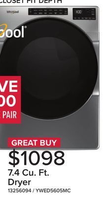 Leon's Whirlpool chrome shadow electric dryer with wrinkle shield (7.4 cu. ft.) - ywed5605mc offer