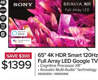 Leon's Sony 65" bravia xr 4k 120hz hdr full array led google tv - xr65x90k offer