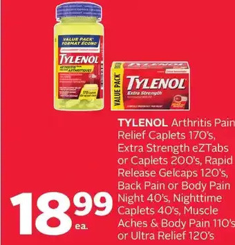 Rexall Tylenol arthritis pain relief caplets, extra strength eztabs or caplets, rapid release gelcaps, back pain or body pain night, offer