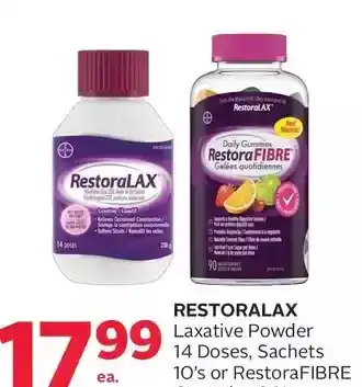 Rexall Restoralax laxative powder doses, sachets or restorafibre gummies offer