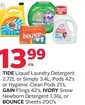Rexall Tide liquid laundry detergent or simply, pods or hygienic clean pods, gain flings, ivory snow newborn detergent or bounce she offer