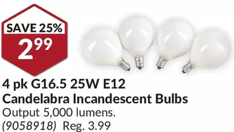 Princess Auto 4 pk g16.5 25w e12 candelabra incandescent bulbs offer