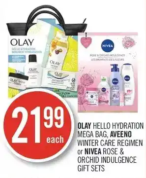 Shoppers Drug Mart Olay hello hydration mega bag, aveeno winter care regimen or nivea rose & orchid indulgence gift sets offer