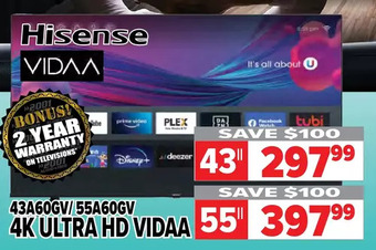 2001 Audio Video Hisense 4k ultra hd vidaa. 43" | 55" offer