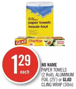 Shoppers Drug Mart No name paper towels, aluminum foil or glad cling wrap offer