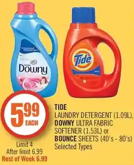 Shoppers Drug Mart Tide laundry detergent, downy ultra fabric softener or bounce sheets offer
