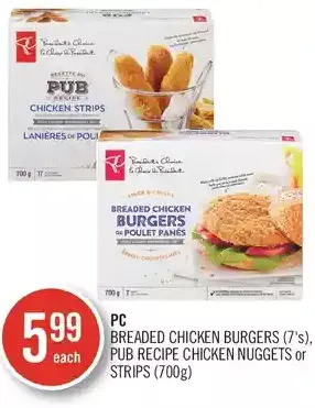 Shoppers Drug Mart Pc breaded chicken burgers, pub recipe chicken nuggets or strips offer