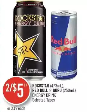 Shoppers Drug Mart Rockstar, red bull or guru energy drink offer