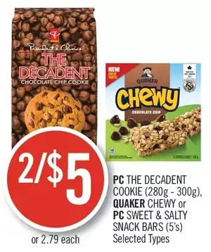 Shoppers Drug Mart Pc the decadent cookie, quaker chewy or pc sweet & salty snack bars offer