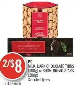 Shoppers Drug Mart Pc milk, dark chocolate thins or shortbread stars offer