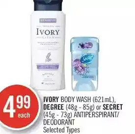 Shoppers Drug Mart Ivory body wash, degree or screet antiperspirant/deodorant offer
